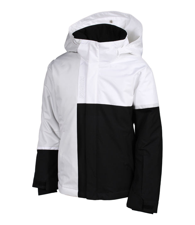 A girls' insulated jacket featuring a colour block design with grey, black, and white. It includes a hood, zippered front, and multiple pockets.