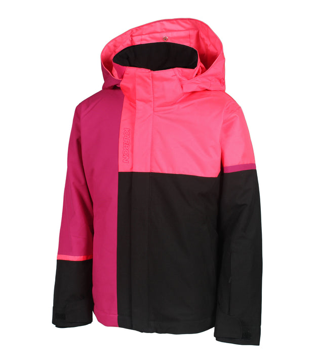 A girls' insulated jacket featuring a colour block design with purple, pink, and black. It includes a hood, zippered front, and multiple pockets.
