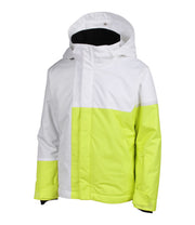 A girls' insulated jacket featuring a colour block design with grey, white, and yellow. It includes a hood, zippered front, and multiple pockets.