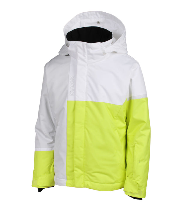 A girls' insulated jacket featuring a colour block design with grey, white, and yellow. It includes a hood, zippered front, and multiple pockets.