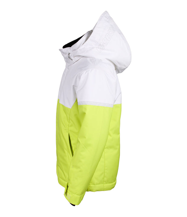 A girls' insulated jacket featuring a colour block design with grey, white, and yellow. It includes a hood, zippered front, and multiple pockets.