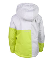 Back shot: A girls' insulated jacket featuring a colour block design with grey, white, and yellow. It includes a hood, zippered front, and multiple pockets.