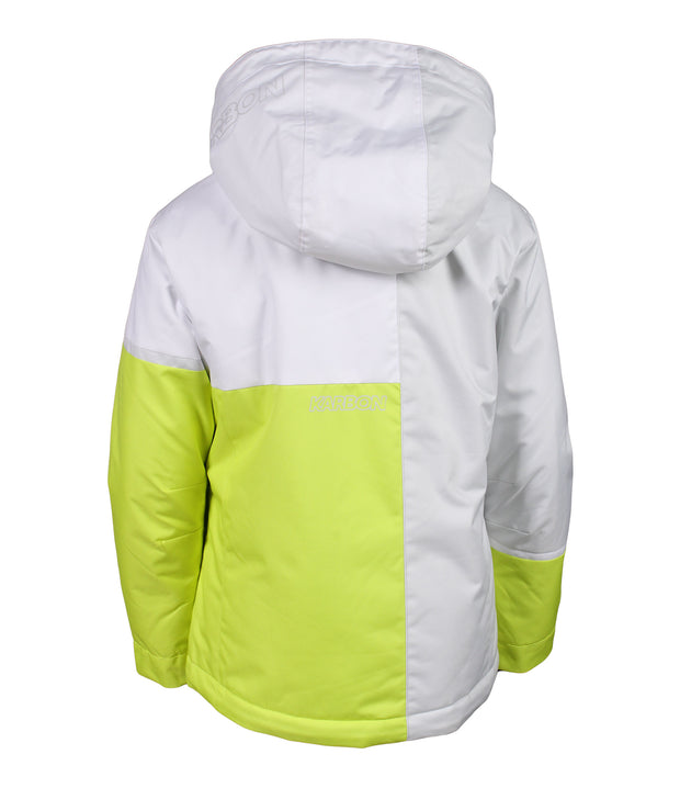 Back shot: A girls' insulated jacket featuring a colour block design with grey, white, and yellow. It includes a hood, zippered front, and multiple pockets.