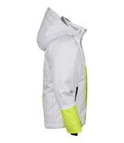 A girls' insulated jacket featuring a colour block design with grey, white, and yellow. It includes a hood, zippered front, and multiple pockets.