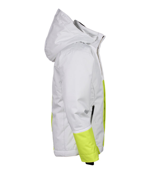 A girls' insulated jacket featuring a colour block design with grey, white, and yellow. It includes a hood, zippered front, and multiple pockets.