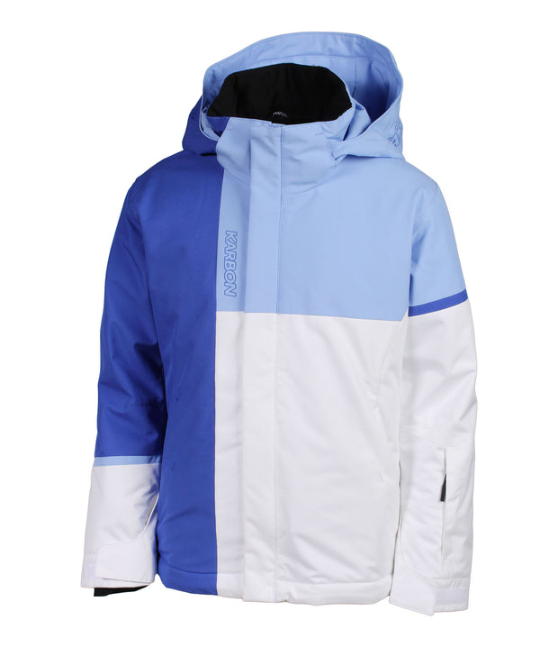 A girls' insulated jacket featuring a colour block design with blue, lighter blue, and white. It includes a hood, zippered front, and multiple pockets.