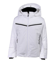 A girls' white jacket with grey and black chevron stripes across the chest, grey accents between the body and slevees, front zip closure, zippered sleeve pocket, and an adjustable hood.