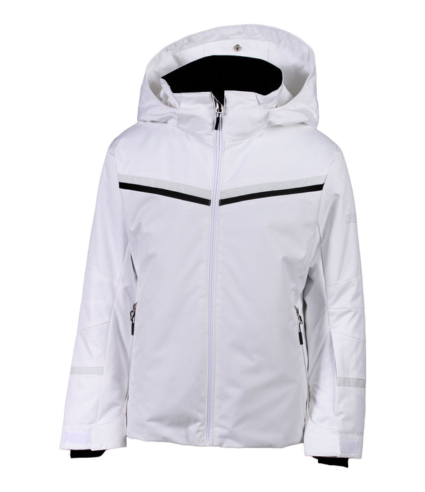 A girls' white jacket with grey and black chevron stripes across the chest, grey accents between the body and slevees, front zip closure, zippered sleeve pocket, and an adjustable hood.