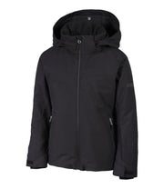 A girls' black jacket with black chevron stripes across the chest, black accents between the body and slevees, front zip closure, zippered sleeve pocket, and an adjustable hood.