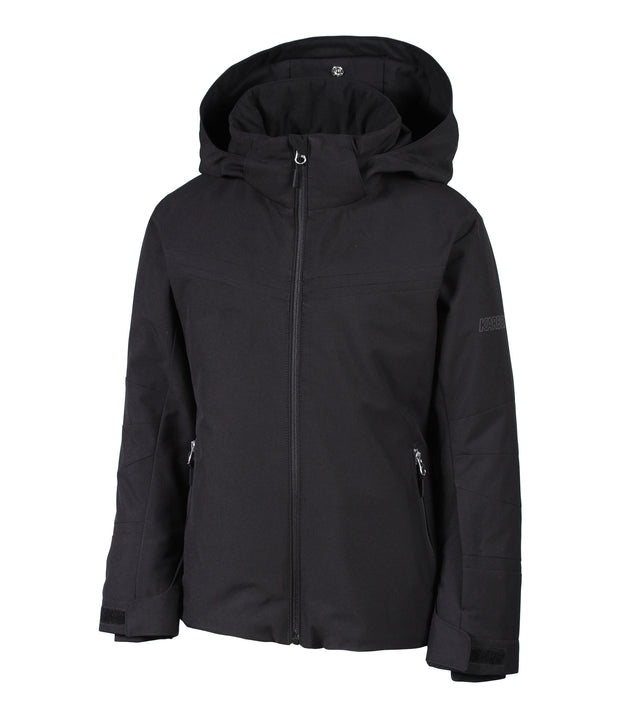 A girls' black jacket with black chevron stripes across the chest, black accents between the body and slevees, front zip closure, zippered sleeve pocket, and an adjustable hood.