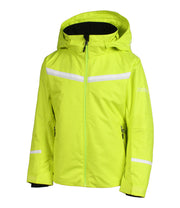 A girls' yellow jacket with white and grey chevron stripes across the chest, front zip closure, zippered sleeve pocket, and an adjustable hood.
