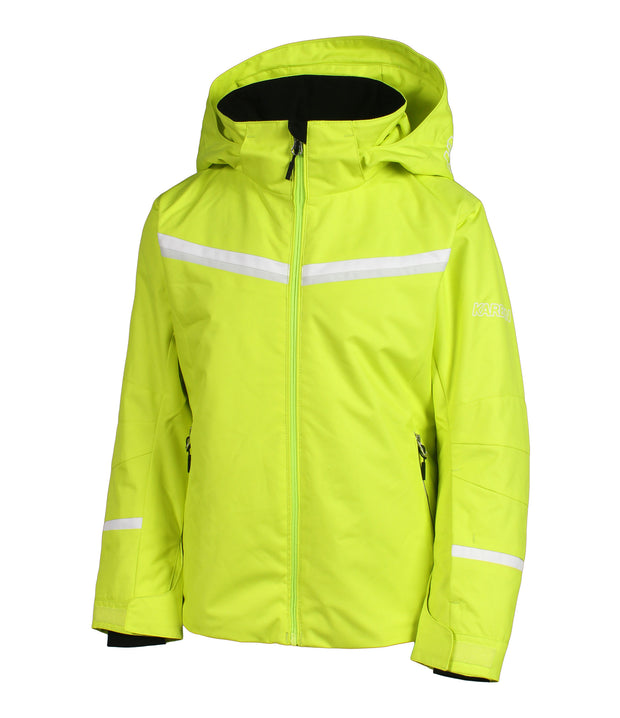 A girls' yellow jacket with white and grey chevron stripes across the chest, front zip closure, zippered sleeve pocket, and an adjustable hood.