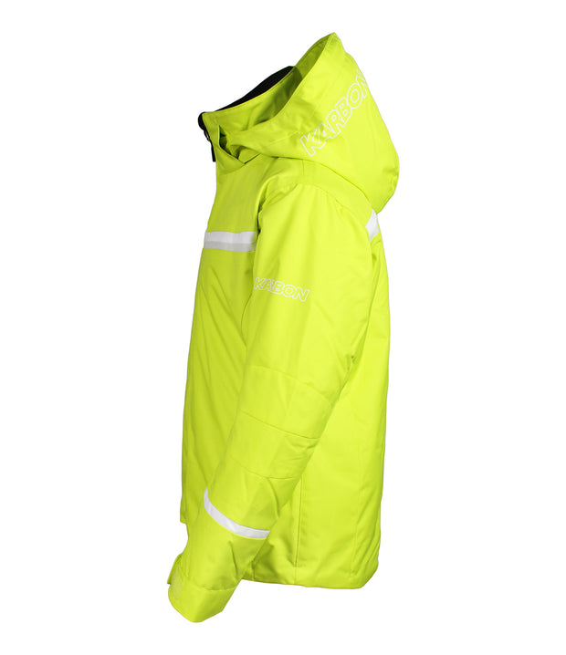 A girls' yellow jacket with white and grey chevron stripes across the chest, front zip closure, zippered sleeve pocket, and an adjustable hood.