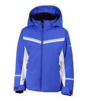 A girls' blue jacket with blue and white chevron stripe across the chest, white accents between the body and slevees, front zip closure, zippered sleeve pocket, and an adjustable hood.