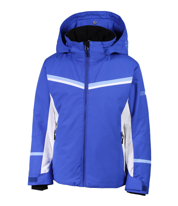 A girls' blue jacket with blue and white chevron stripe across the chest, white accents between the body and slevees, front zip closure, zippered sleeve pocket, and an adjustable hood.