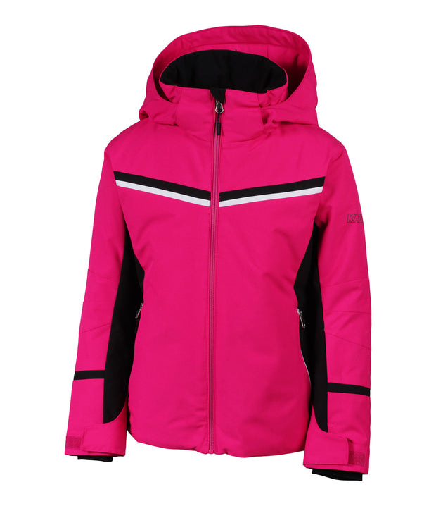 A girls' pink jacket with black and white chevron stripe across the chest, black accents between the body and slevees, front zip closure, zippered sleeve pocket, and an adjustable hood.