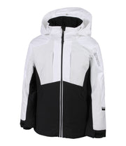 A girls' insulated jacket with a hood, featuring white, grey, and black color blocks, zippered front, and adjustable wrists.