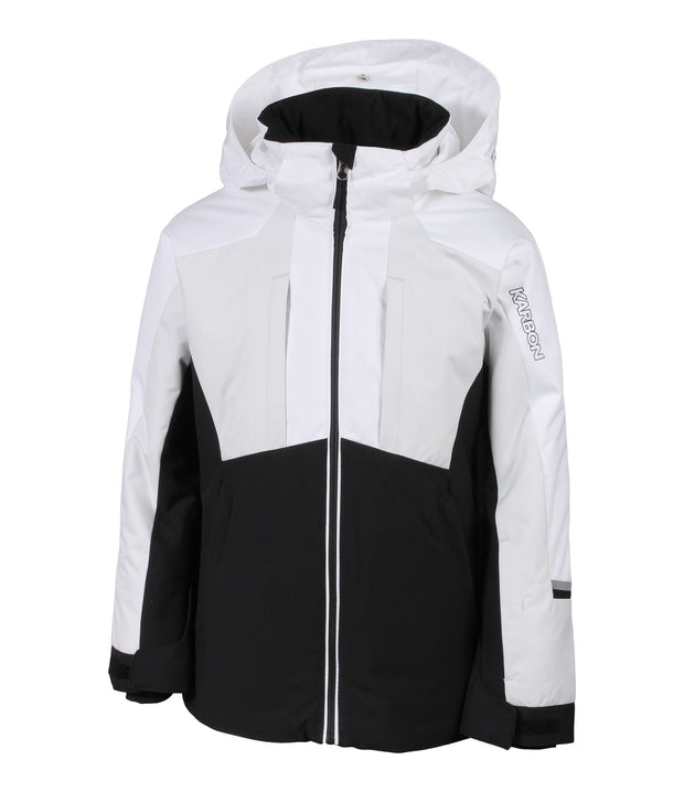 A girls' insulated jacket with a hood, featuring white, grey, and black color blocks, zippered front, and adjustable wrists.
