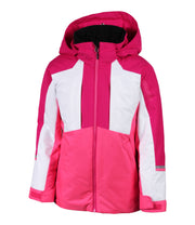 A girls' insulated jacket with a hood, featuring pink and white color blocks, zippered front, and adjustable wrists.