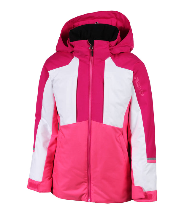 A girls' insulated jacket with a hood, featuring pink and white color blocks, zippered front, and adjustable wrists.