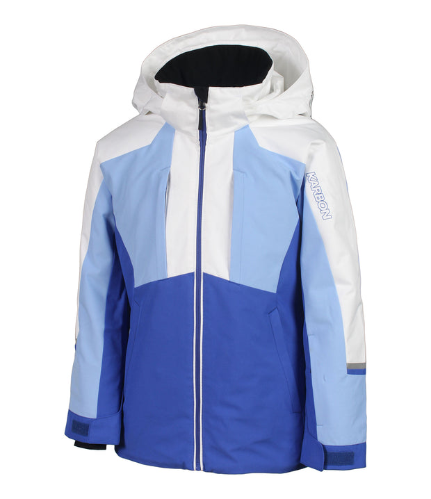 A girls' insulated jacket with a hood, featuring blue and white color blocks, zippered front, and adjustable wrists.