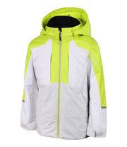 A girls' insulated jacket with a hood, featuring yellow, white, and grey color blocks, zippered front, and adjustable wrists.