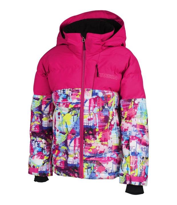 A girls' two-tone jacket with a pink shoulders, upper chest, and upper sleeves paired with a mutil colour pattern body and lower sleeves. The jacket features a front zip closure, zippered chest pocket, and two side zip pockets, with an adjustable hood.