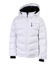 A girls' white puffer jacket with an adjustable hood, white exposed center front zipper, and quilted baffle construction.