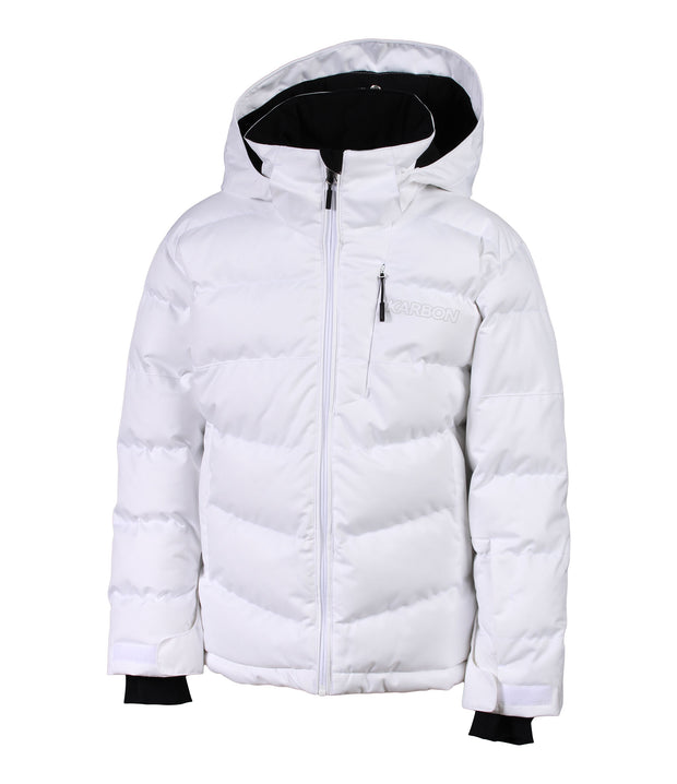 A girls' white puffer jacket with an adjustable hood, white exposed center front zipper, and quilted baffle construction.