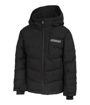 A girls' black puffer jacket with an adjustable hood, white exposed center front zipper, and quilted baffle construction.