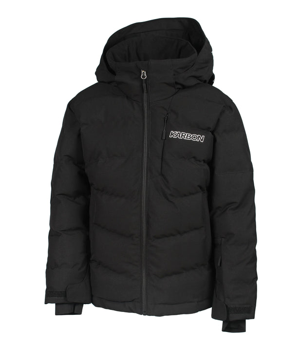 A girls' black puffer jacket with an adjustable hood, white exposed center front zipper, and quilted baffle construction.