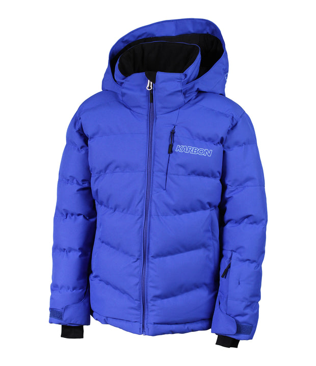 A girls' blue puffer jacket with an adjustable hood, white exposed center front zipper, and quilted baffle construction.