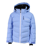 A girls' light blue puffer jacket with an adjustable hood, white exposed center front zipper, and quilted baffle construction.