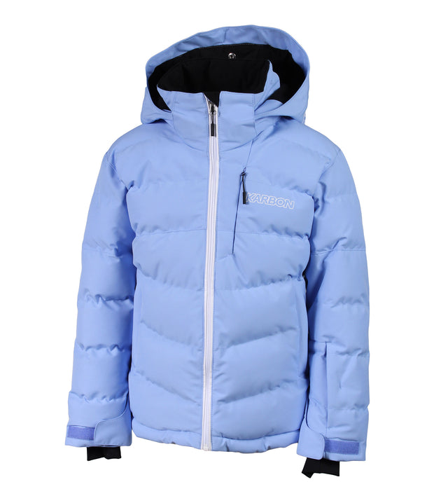A girls' light blue puffer jacket with an adjustable hood, white exposed center front zipper, and quilted baffle construction.