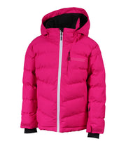 A girls' pink puffer jacket with an adjustable hood, white exposed center front zipper, and quilted baffle construction.