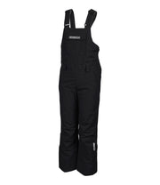 A pair of black girls' bib pants with intergrated suspenders, a zippered chest pocket with a flap, hand pockets and belt loops.