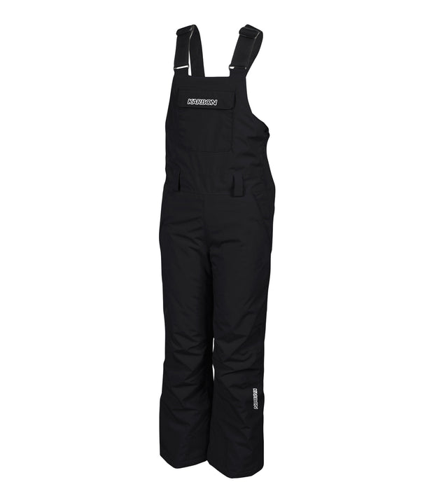 A pair of black girls' bib pants with intergrated suspenders, a zippered chest pocket with a flap, hand pockets and belt loops.