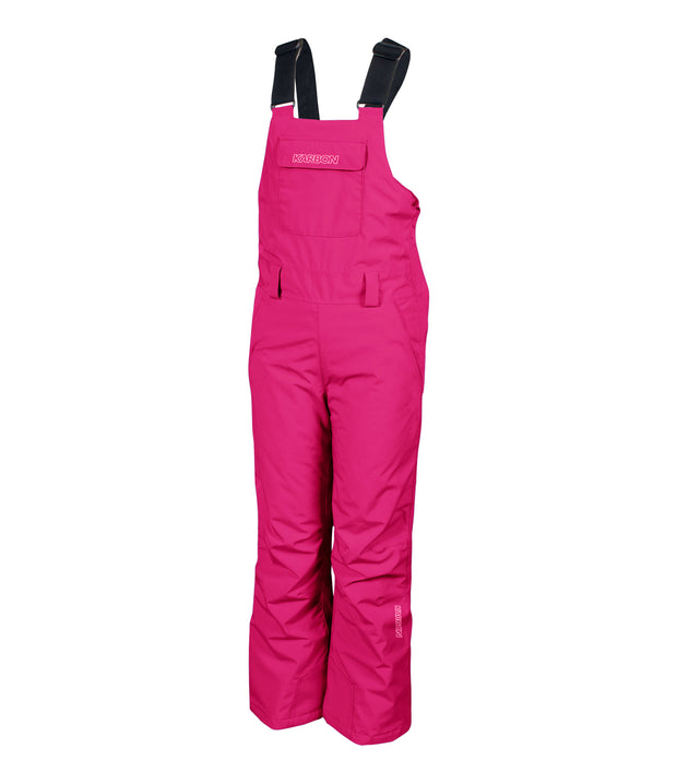 A pair of pink girls' bib pants with intergrated suspenders, a zippered chest pocket with a flap, hand pockets and belt loops.