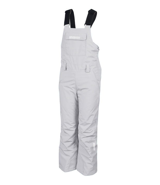 A pair of grey girls' bib pants with intergrated suspenders, a zippered chest pocket with a flap, hand pockets and belt loops.