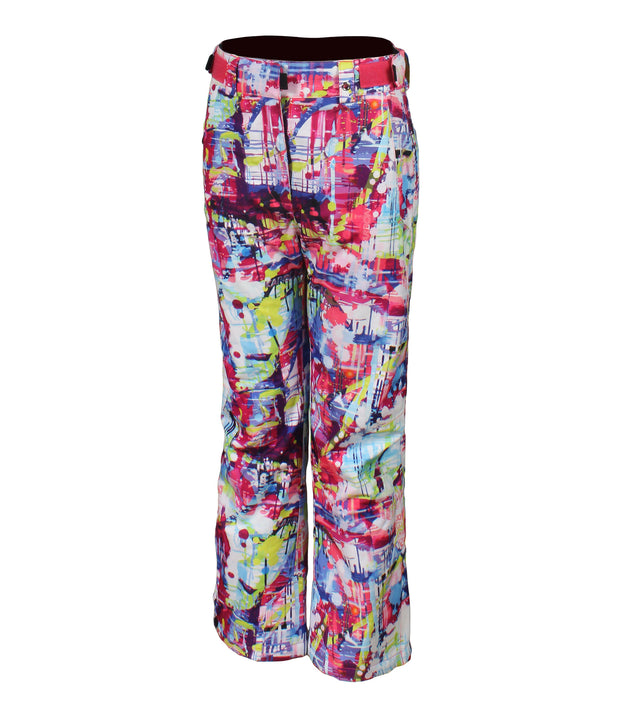 A pair of colorful patterned ski pants with zippered hand pockets, adjustable waist, and belt loops for girls.