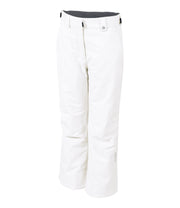 A pair of white insulated ski pants with zippered hand pockets, adjustable waist, and belt loops for girls.