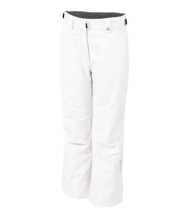 A pair of white insulated ski pants with zippered hand pockets, adjustable waist, and belt loops for girls.