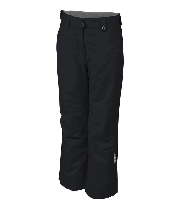 A pair of black insulated ski pants with zippered hand pockets, adjustable waist, and belt loops for girls.