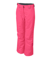 A pair of pink insulated ski pants with zippered hand pockets, adjustable waist, and belt loops for girls.