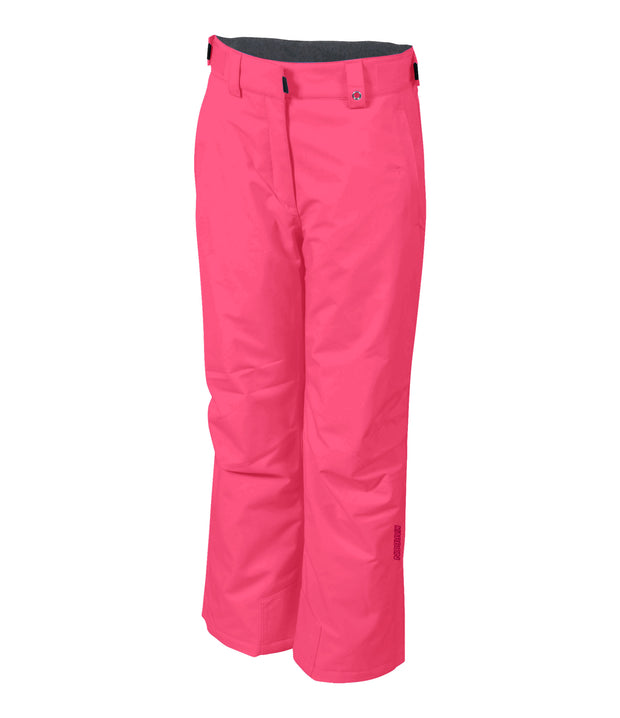 A pair of pink insulated ski pants with zippered hand pockets, adjustable waist, and belt loops for girls.