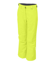 A pair of yellow insulated ski pants with zippered hand pockets, adjustable waist, and belt loops for girls.