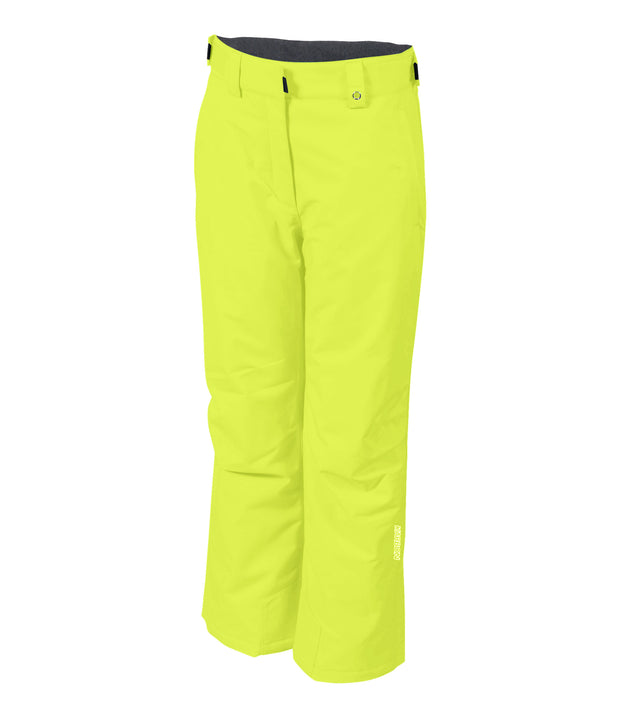 A pair of yellow insulated ski pants with zippered hand pockets, adjustable waist, and belt loops for girls.
