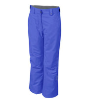 A pair of blue insulated ski pants with zippered hand pockets, adjustable waist, and belt loops for girls.