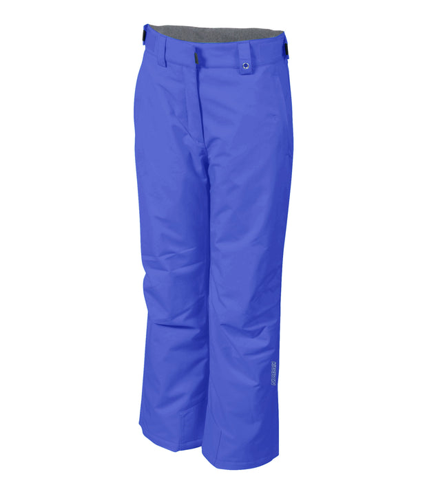 A pair of blue insulated ski pants with zippered hand pockets, adjustable waist, and belt loops for girls.