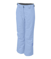 A pair of light blue insulated ski pants with zippered hand pockets, adjustable waist, and belt loops for girls.